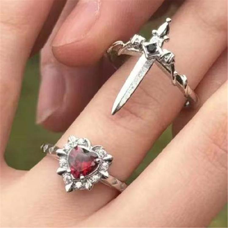 Stylish Pair Of Gothic Themed Heart And Swords Rings Alloy Comfortable Fit For Everyday Use
