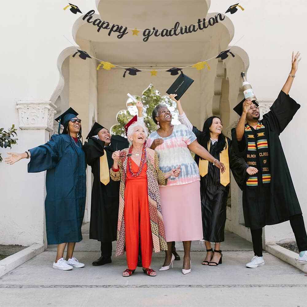 Happy Graduation Glitter Banner Graduation Congratulations Party Decorations Black Gold