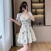 Coffee Break French Square Neck Dress Women's Summer Temperament Printed Short Sleeve Fairy Dress First Love Dating Waist A-shaped Dress