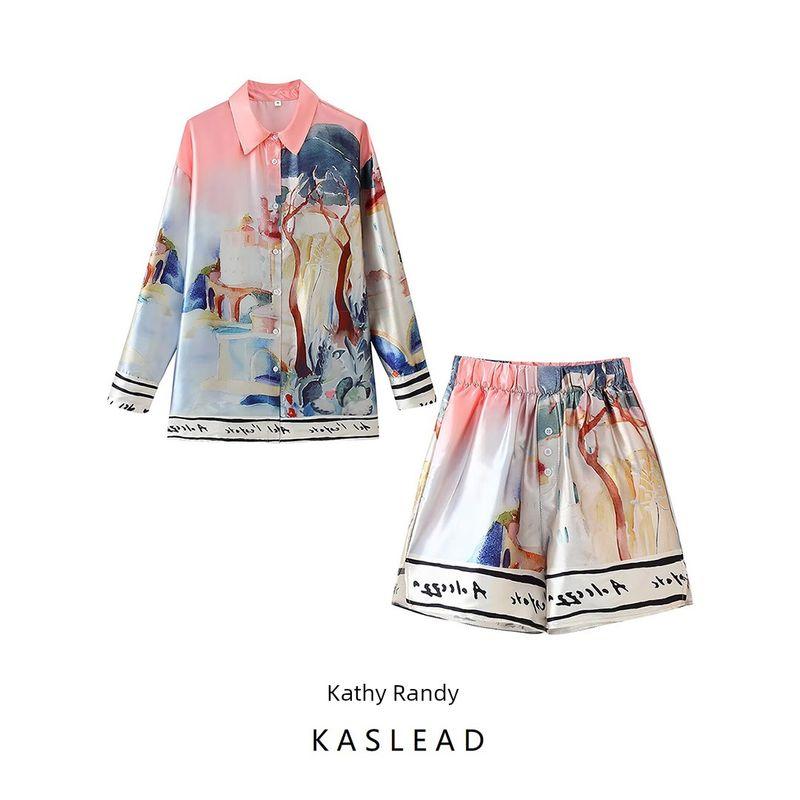 Kaslead New Women clothes Western Style Simple Loose Lapel Long sleeve Positioning Print Shirts