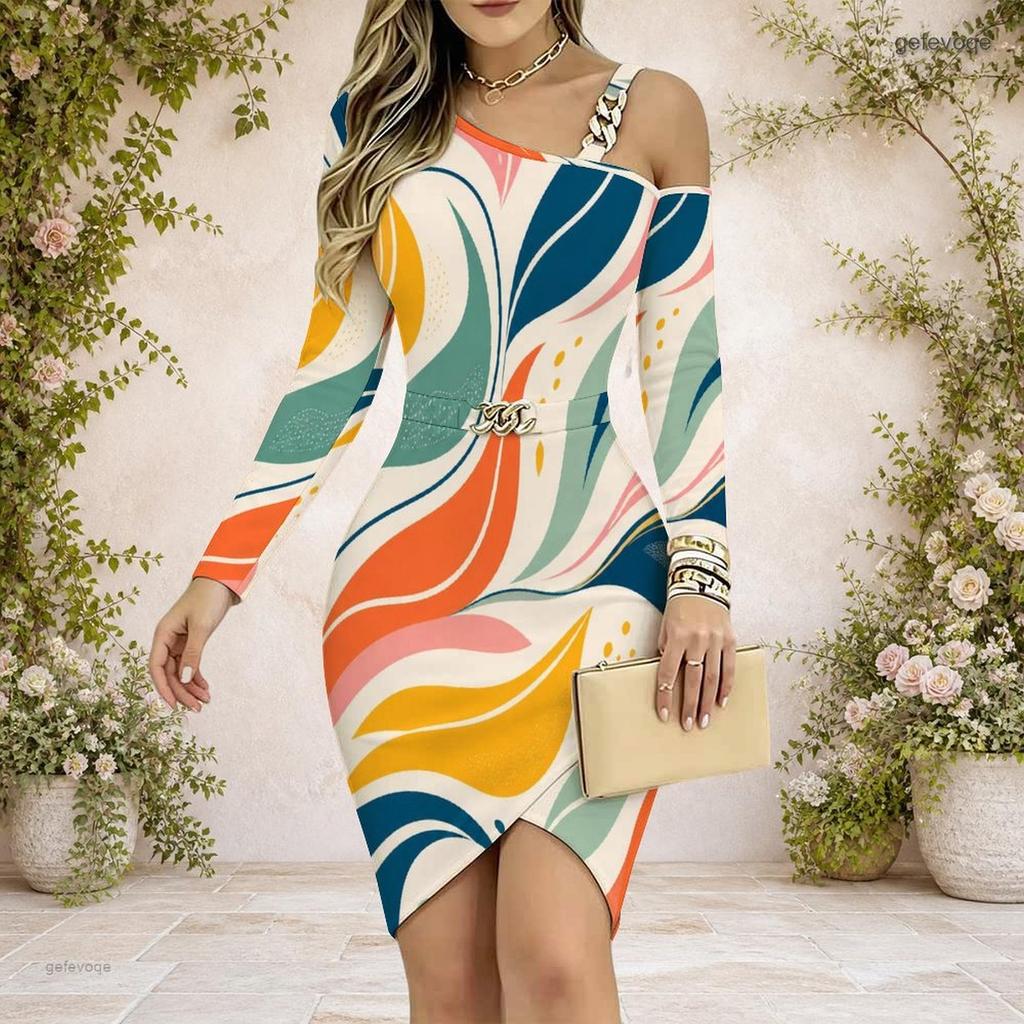 Women Plus Size Chain Strap Cold Shoulder Long Sleeve Printed Asymmetric Hem Bodycon Dress