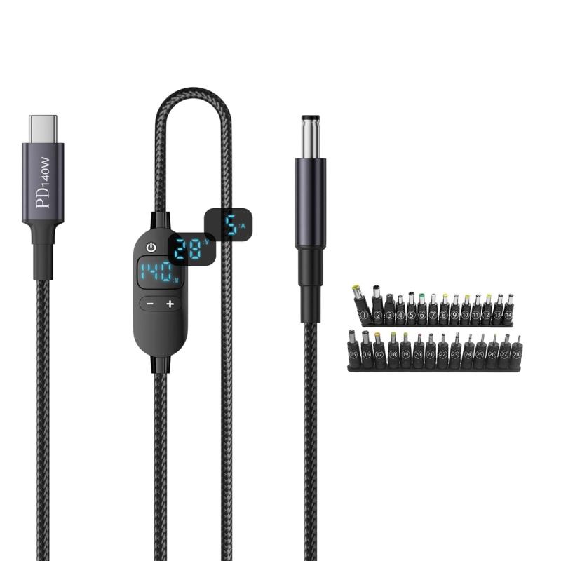 Durability PVC Coating DC5.5x2.1mm To USB C Charging Cord Featuring 5V/9V/12V/15V/20V/28V Adjustable Output Voltages