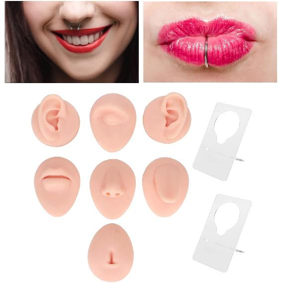 Soft Silicone Flexible Model Body Part, Silicone Nose Tongue Mouth Eye Navel Ear Model Fake Ear with 2 Base for Piercing Practice Acupuncture and
