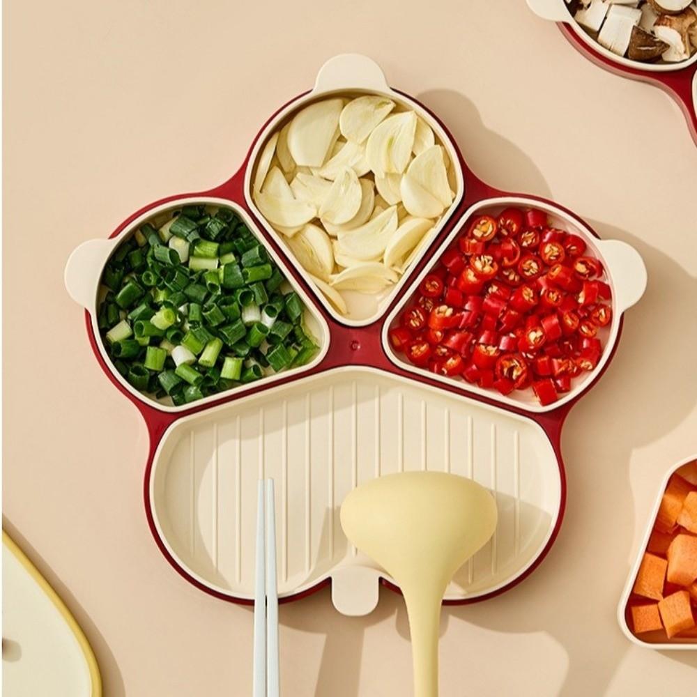 Plastic Kitchen Preparation Plate Reusable 4 Compartment Garlic Storage Plate with Scoop Holder Large Capacity Dinner Plate