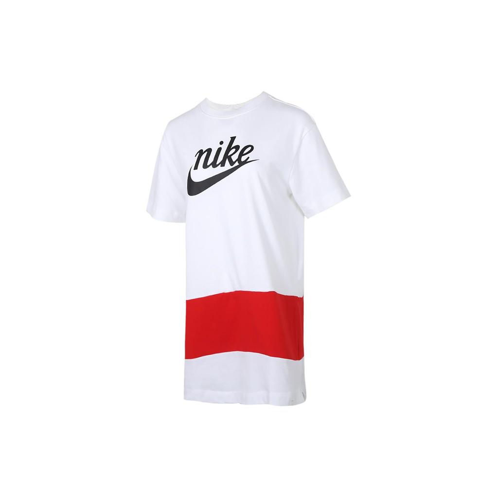 Nike Logo Print Round Neck Short Sleeve Dress Women Dresses White Red CJ3716-100