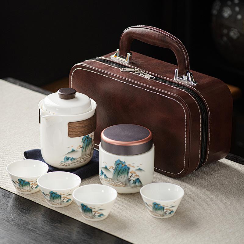 Travel tea set cover bowl teacup outdoor kung fu tea set small set portable express cup suet jade white porcelain gift
