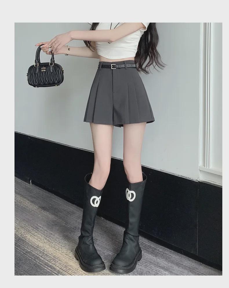 2024 Women's Summer High-Waisted Gray A-Line Skort: Slim, Loose, Pleated Shorts Skirt, Wide-Leg Design