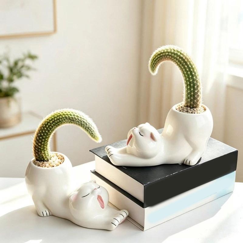 Animal Figure Ceramic Planter Flower Pot, Tabletop Plant Holder for Desk Display, Shelf Placement, Windowsill and Indoor Home Use