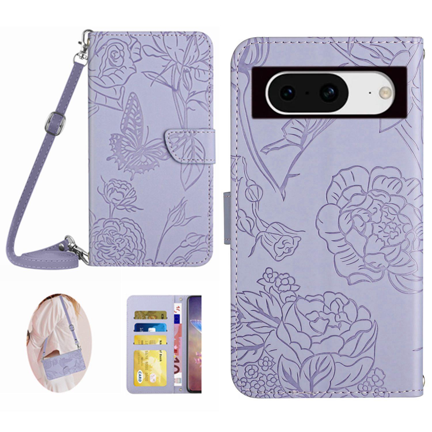 

HT03 For Google Pixel 8a Case Imprinted PU Leather Mobile Phone Cover with Long Strap Purple