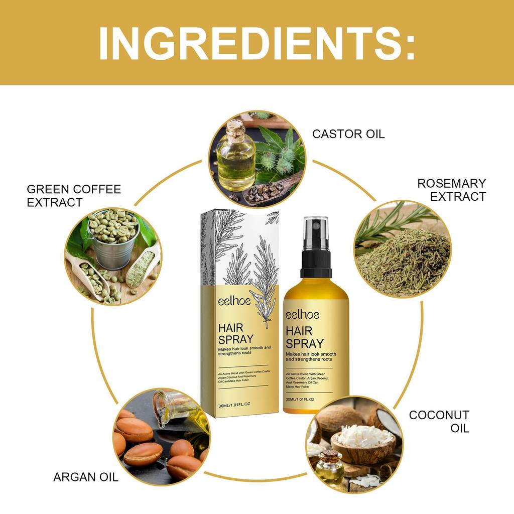 Spray natural pentru cresterea parului, EELHOE, ulei de ricin negru, ulei de argan, 30ml