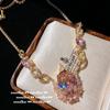 Papalacha Pink Water Drop Gemstone Chain Earrings, Princess On The Run, Plated With 18K Gold Rainbow Flower Zircon Earrings.