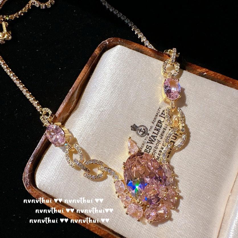Papalacha Pink Water Drop Gemstone Chain Earrings, Princess On The Run, Plated With 18K Gold Rainbow Flower Zircon Earrings.