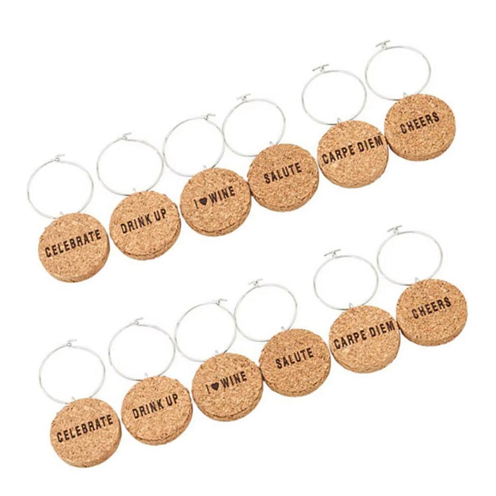 12 Stück Kork-Weinglasanhänger mit Ringen, Wein-Themen-Kelch-Getränkemarkierer, Etikett für Heimpartys, Festivalfeiern