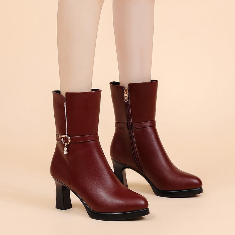 7.5cm 9.5cm Elegant Comfortable Soft Leather Boots Winter Shoes 2025 Women's Block High Heels Warm Plush Mid Calf Boots for Mom