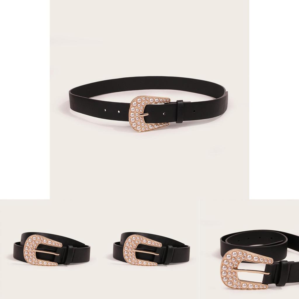 Classic Fashion Casual Leather Belt For Women With Pearl Decor For Spring