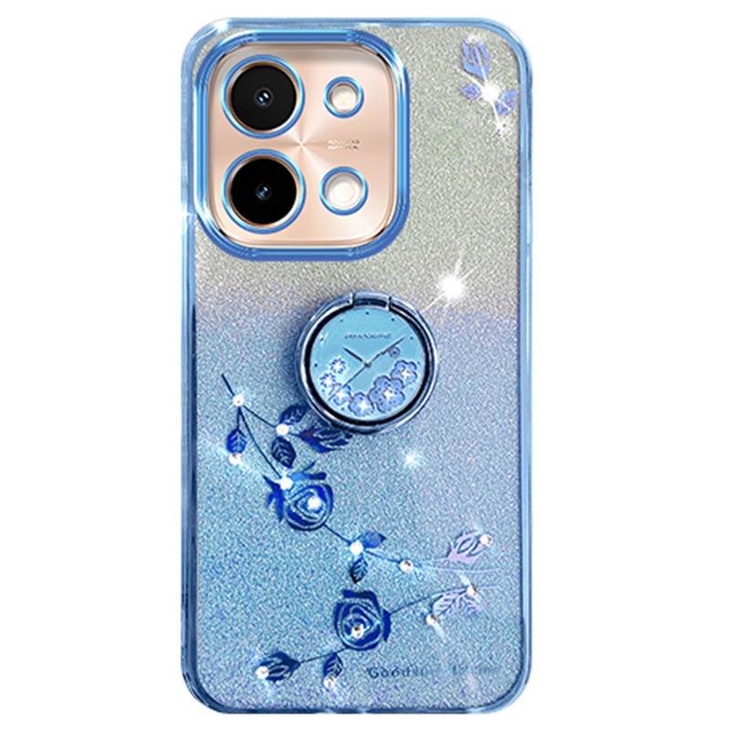 

For vivo Y28 4G Case Kickstand Glitter Flowers TPU Shockproof Phone Cover Blue