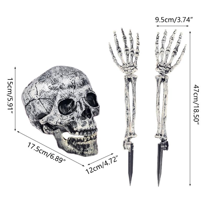 Halloween Skull Hand Arm Yard Stake Lifelike Skeleton for Head Figurine Garden Decoration Haunted House Props