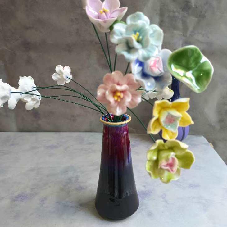 Handmade Ceramic Bouquet: Purple-Gold Lotus, Lily, Gardenia, Rose