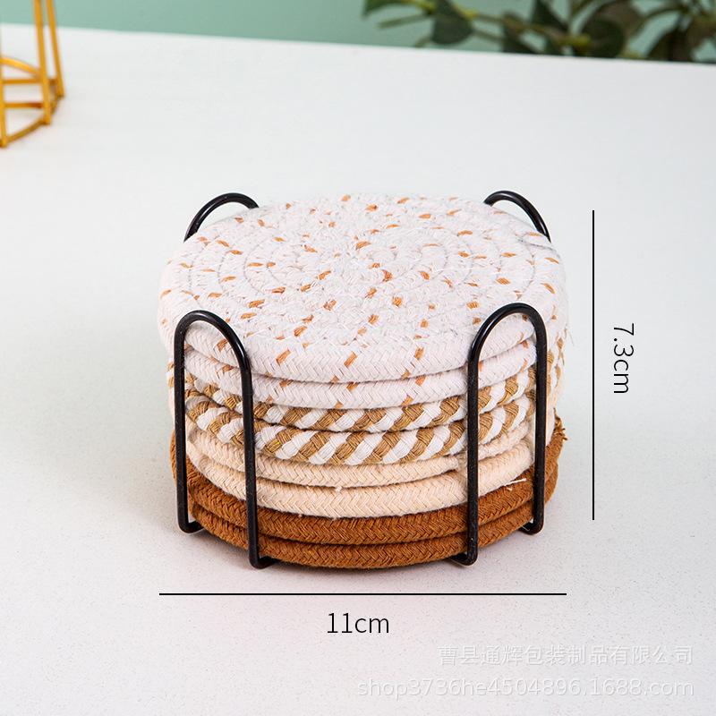 Bohemian Style Cotton Rope Woven Placemat Household Thick Insulated Coaster Hand Woven Cotton Linen Coaster with Storage Rack