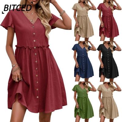 Fashion Summer Spring Solid Color Print Short Sleeve V-Neck Casual Dresses
