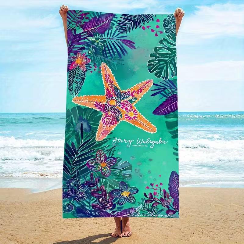 Tropical Plants Starfish Print Beach Towel Soft Quick Dry Sand Resistant Absorbent Towel for Summer Beach Pool Camping Travel