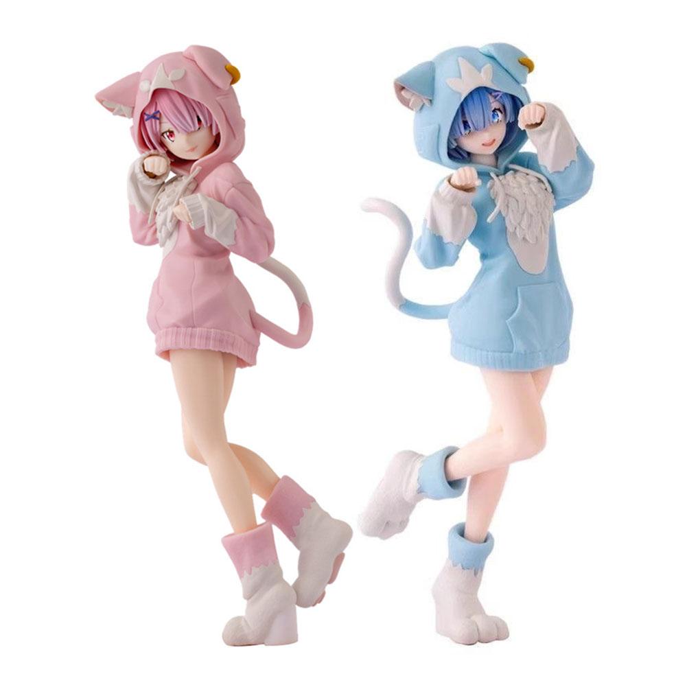 22CM Anime Remu Figure Rem Ram Cute Standing Pose Cat Ears Dresses Action Figure PVC Model Ramu Figurine Home Collection Gifts