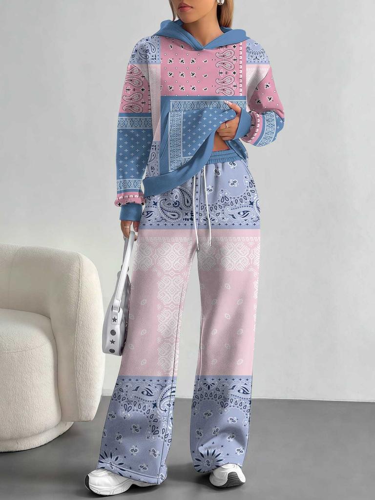 1116 European and American Autumn/Winter Casual Color Patchwork Long-Sleeve Set, Women's Hoodie and Long Pants Set