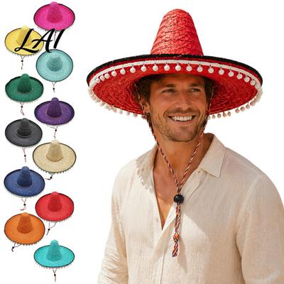 Cappello da Viaggio da Esterno Sombrero Messicano con Pompon Colorati Stile Hawaiano Cappello di Paglia Intrecciata a Tesa Larga Leggero Costume per Festa a Tema per Spiaggia Estiva