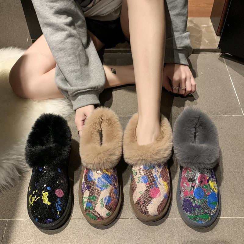 Sequins Women's Snow Boots Fur Warm Winter Shoes Women Ankle Boots Slip On Ladies Booties Round Toe Female Flats Cotton Shoes