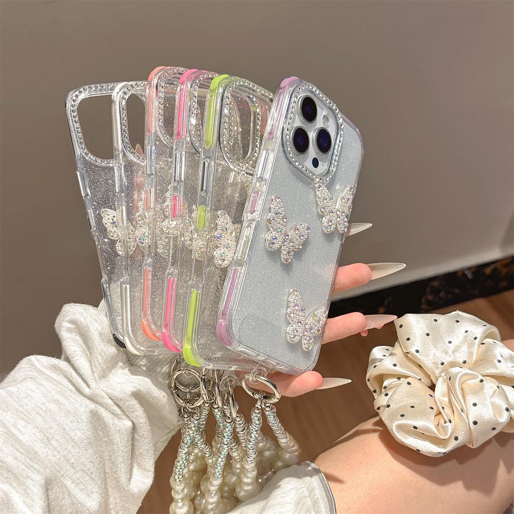 Für iPhone 16 Pro Hülle Glitzer Strassstein Dekor Schmetterling TPU + PC Handyhülle mit Perlenband