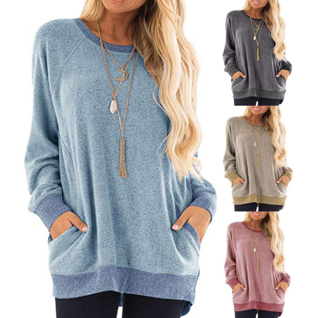 Fall Winter Women's Crew Neck Color Block Pocket Sweatshirt Long Sleeve Pullover Casual Top