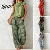 Lichte Zomeroutfits Dames Top Broek 2-Delige Set Ruche Hoge Hals Mouwloos Vintage Losse Casual Outfit & Geruite Wijde Pijpen Broek Set
