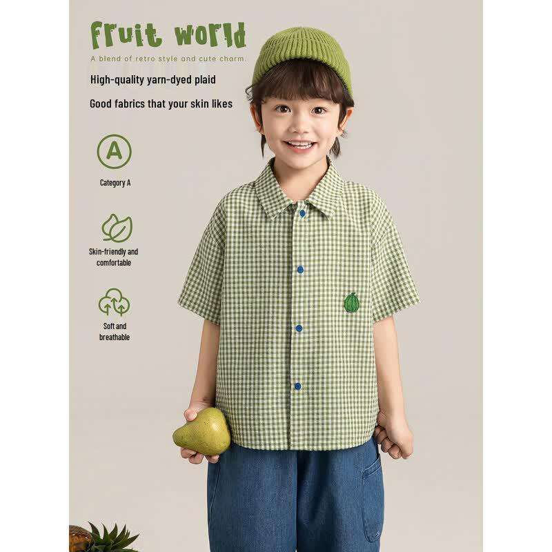 YOYO Boys Summer Plaid Short-Sleeve Shirt with Fruit Embroidery 100cm зеленый плед