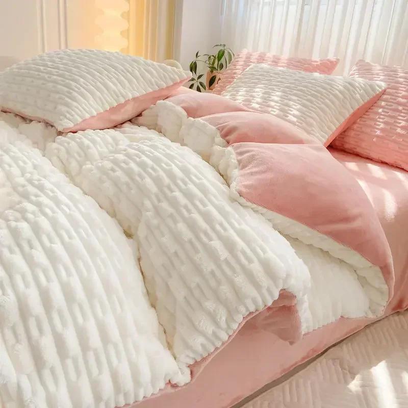 3-4pcs Winter Warm Bedding Sets Duvet Cover Plush Sheet King Twin Queen Size Bed  Flano Coral Fleece Pillowscase Bedding Set