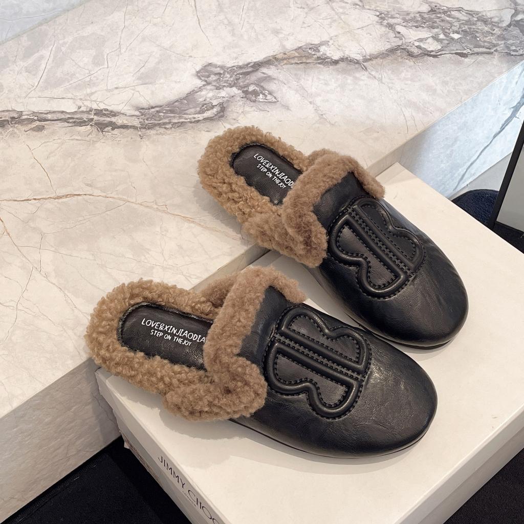 Baotou Half Slippers Women Wear New Models In Autumn and Winter, Piled One-pedal Fluffy Cotton Shoes Slippers Women's Shoes Leather Bag Head Drag