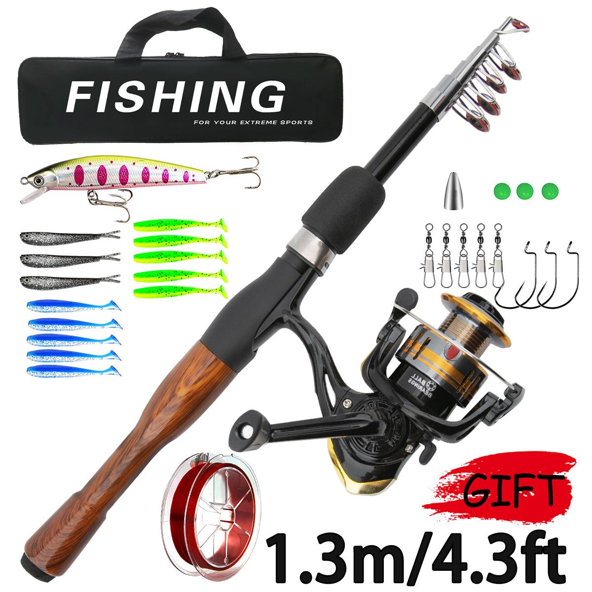 

Новый мини-рыболовный набор 5.2:1 вращающаяся катушка 1,3-1,8 м с деревянной ручкой, удочка с крючком для наживки, портативная сумка для аксессуаров для пресной и соленой воды 1.3m