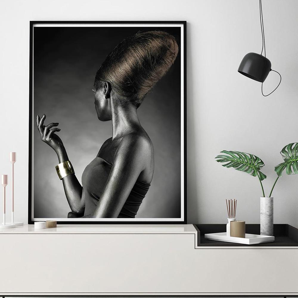 Modern Home Furnishing Black Skin Women Gold Makeup Shape Oil Painting Wall Art Poster Print Bedroom Living Room