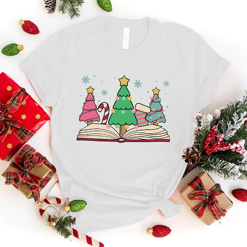 New Christmas Books Graphic Print T-Shirt Women Fashion Round Neck Loose Tee Shirt Streetwear Casualharajuku T-Shirt