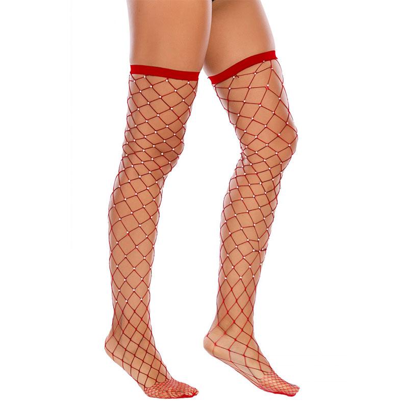 

Блестящие чулки со стразами для женщин, ажурные носки до бедра для девочек, кружевной верх, чулочно-носочные изделия One size красный