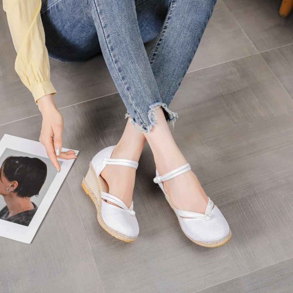 

Европейские и американские сандалии на танкетке. Удобные сандалии. Женские сандалии с тканой льняной пряжкой и острым носком.