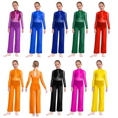 Kids Girls Gymnastics Performance Bodysuit: Long Sleeve Keyhole Back Sheer Mesh Patchwork Wide-Leg Metallic Jumpsuit