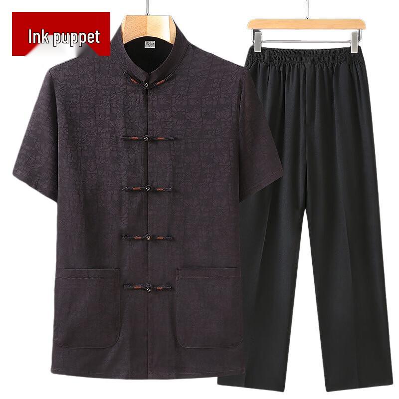Men s Chinese Style Ice Silk Short Sleeve Tang Suit Set 3XL