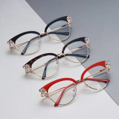 Fashion Luxury Diamond-Studded Anti-Blue Glasses Women Vintage Cat Eye Eyeglasses Frame Trend Personality Flat Mirror Eyewear