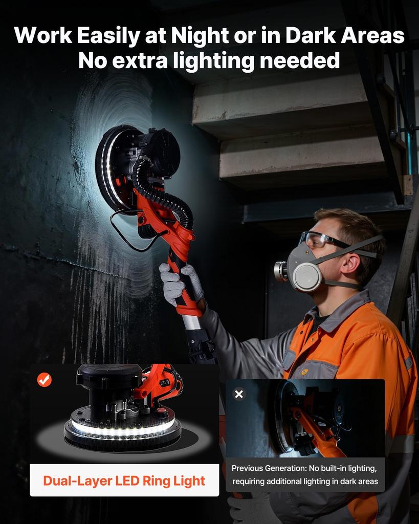 Drywall Sander, 1150W Electric Drywall Sander, Popcorn Ceiling Removal Tool with Vacuum Dust Collection, 5 Variable Speed 800-1700 RPM, LED Light,