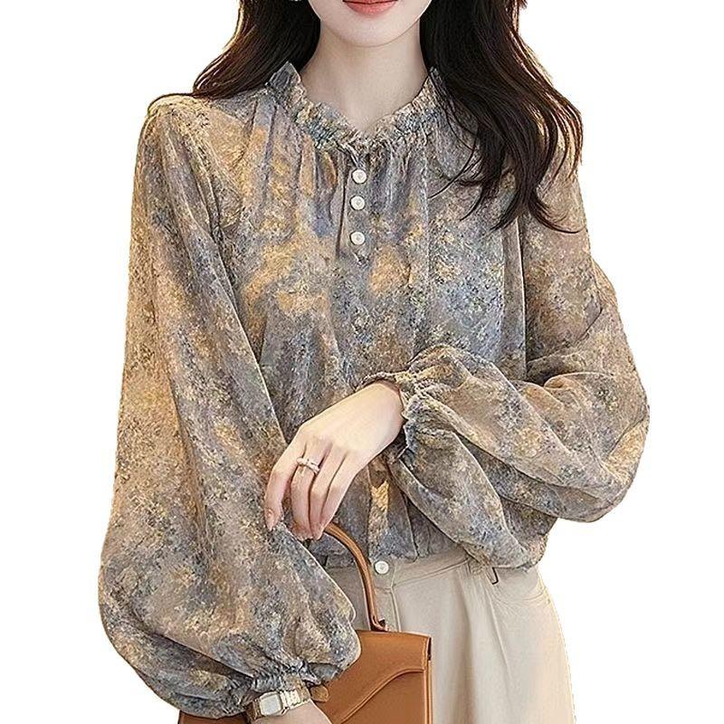 Women's French Floral Chiffon Top Autumn Long Sleeved Shirt