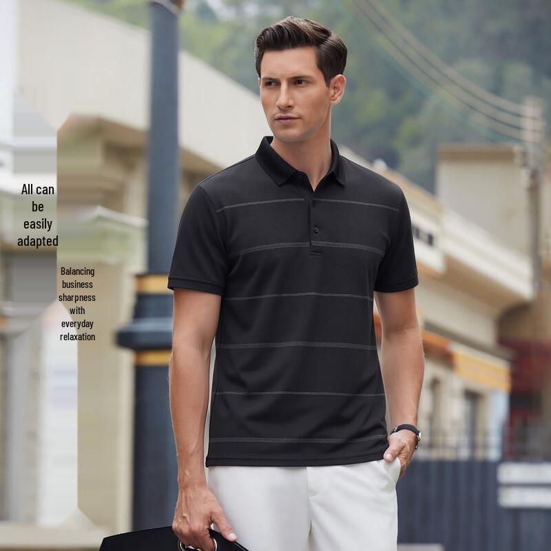 POLOMEISDO Men s Casual Business Fine Striped Polo Shirt L