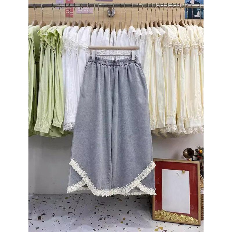 

MOJTA Women Spring Autumn Plus Size Tassel lace nail bead Jeans Casual Loose cropped Pants Wide Leg Trousers 4XL [250-150kg]