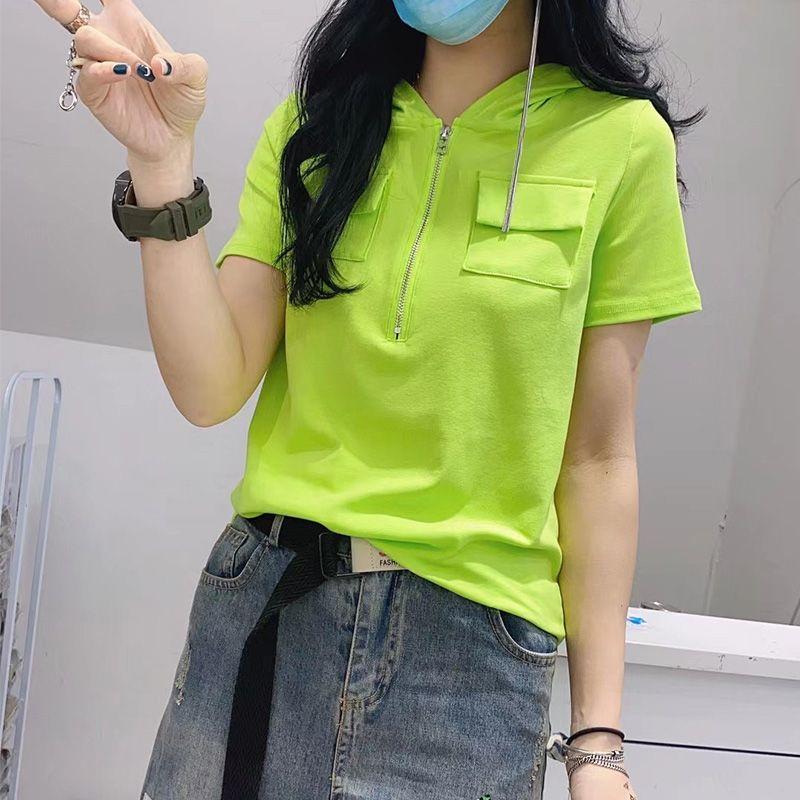 

Hoodie Short Sleeve T-Shirt Women s Spring/Summer 2024 European Station Loose Internet Hot Half Sleeve Orange Top Clothes Ins Fashion Fluorescent Green M