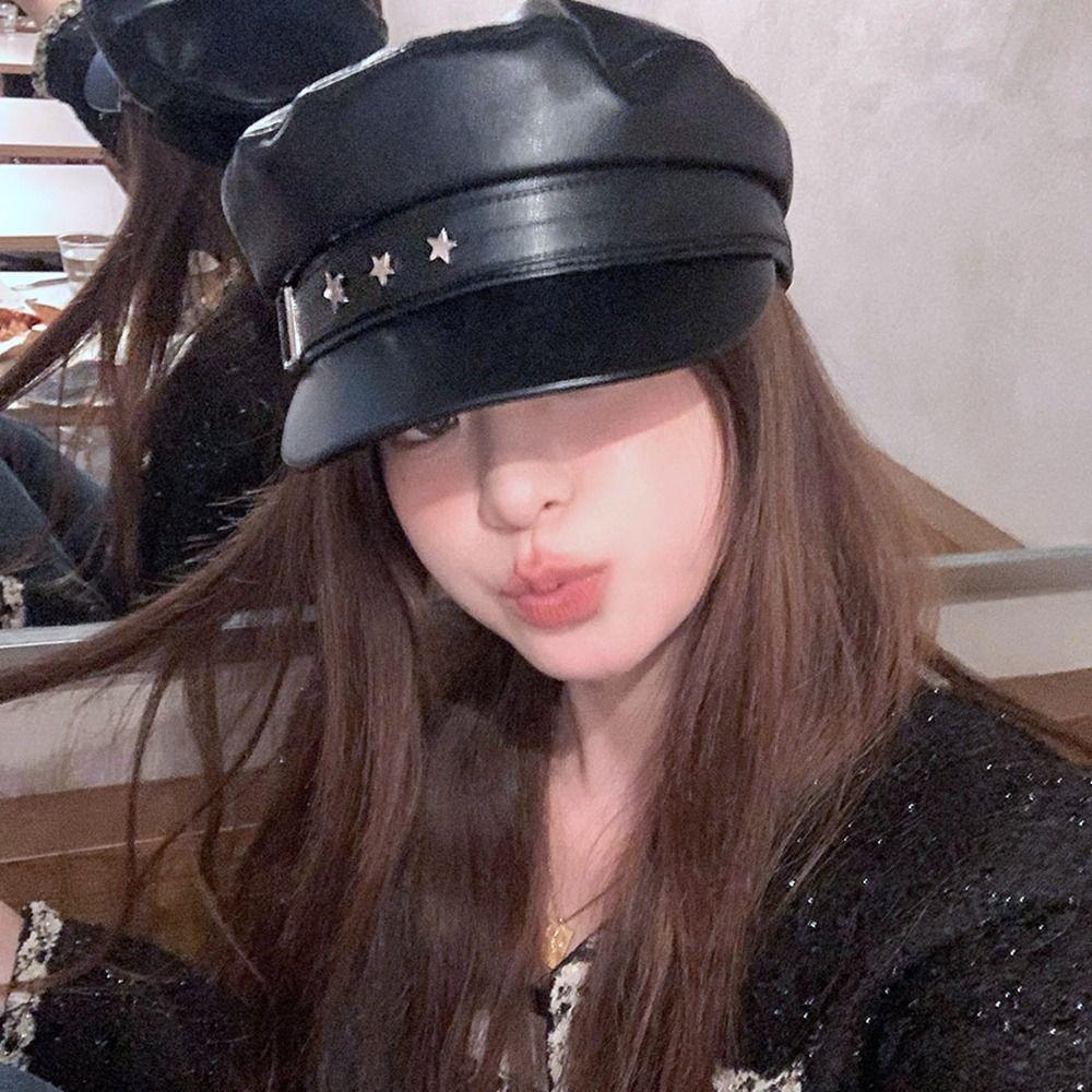 British Style Pu Leather Beret Korean Style Painter Hat Casual Octagonal Hat  Outdoor