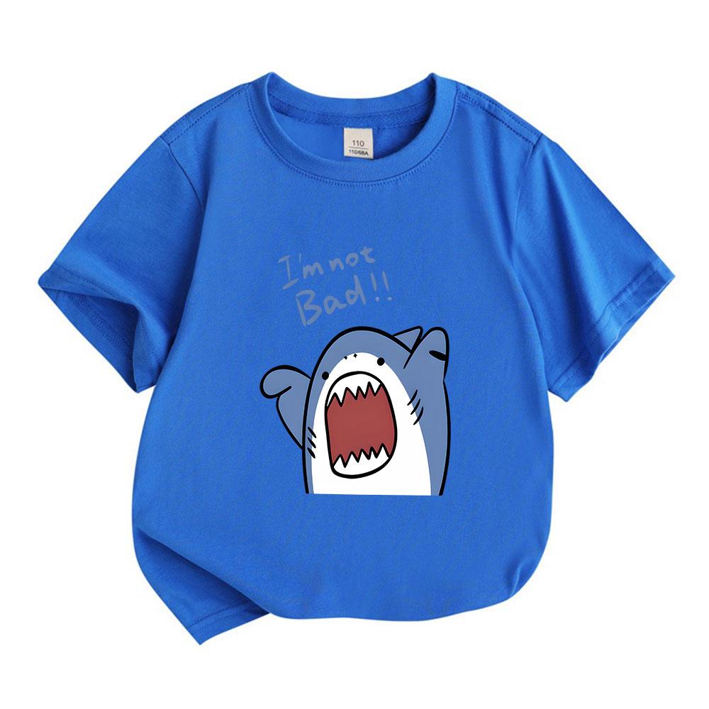 Toddler Kids Boys Girls 100% Cotton Short Sleeve Crew Neck T-Shirt, Cute Cartoon Naughty Shark I'm Not Bad Print Casual Soft Breathable Top for Daily